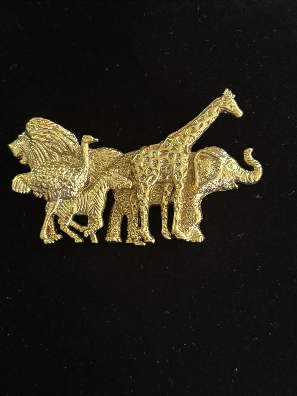 “1928 Cares” Safari Animal Brooch Lion, Ostrich, Zebra, Giraffe, Elephant
